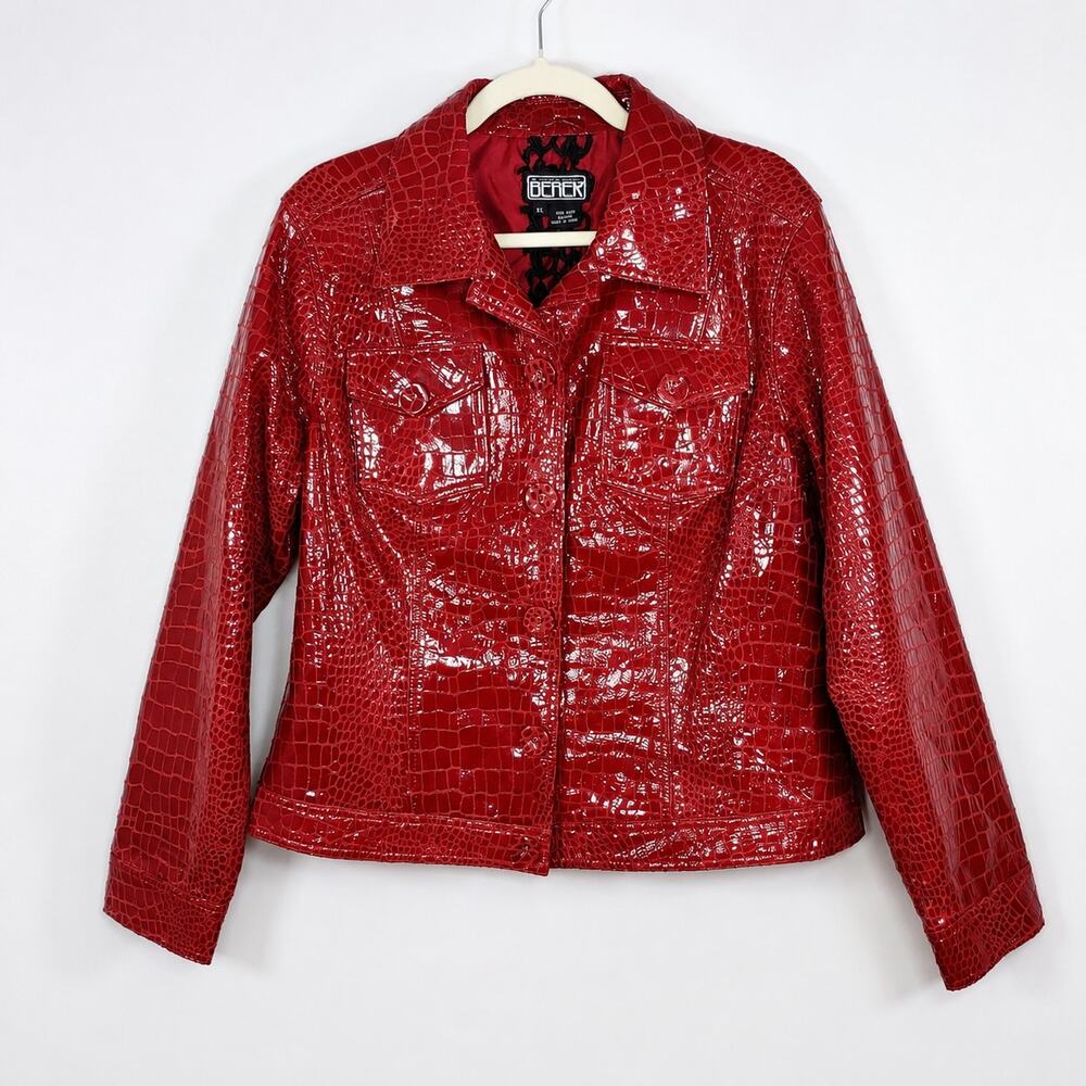 Berek Lamb Leather Croc Embossed Jacket Red Patent XL Vintage Y2K Mob Wife